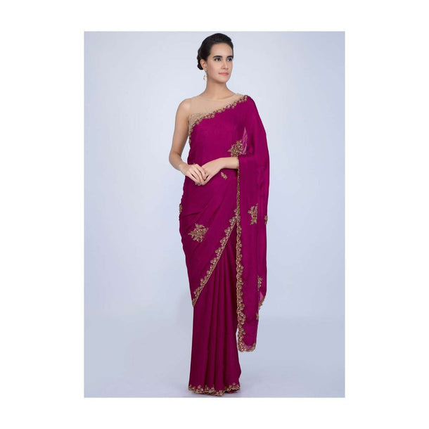 Magenta satin chiffon saree with embroidered butti and border only on Kalki