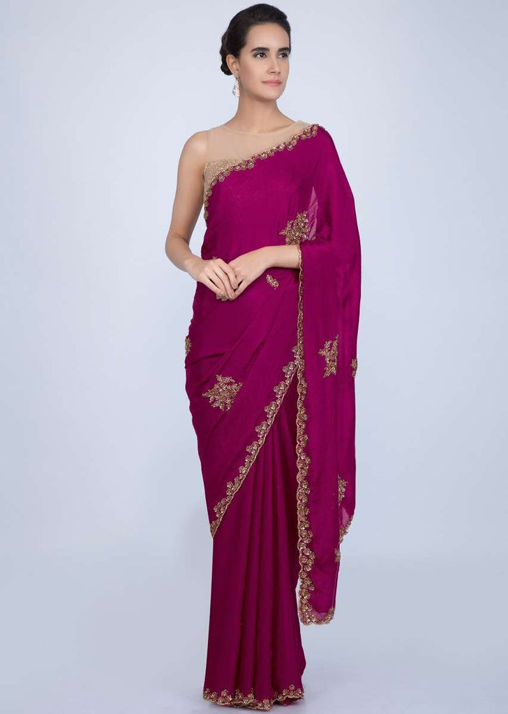 Magenta satin chiffon saree with embroidered butti and border only on Kalki