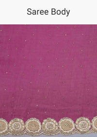 Magenta satin saree with golden scallop embroidered pallo only on Kalki