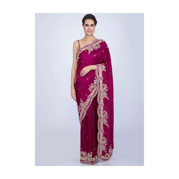 Magenta silk saree with butti and scallop embroidered border only on Kalki