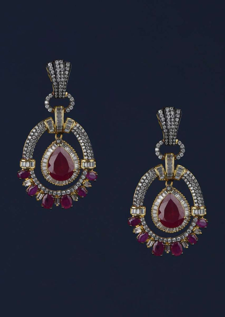 Magenta Stone Studded Earrings In Oval Motif With Stones And Bugle Beads Online - Kalki Fashion Online - Kalki Fashion