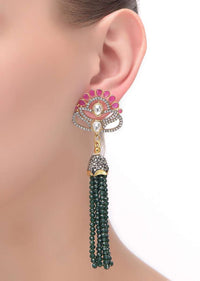 Magenta Stone Studded Earrings With Stones And Kundan In Floral Pattern And Green Bead Tassels  Online - Kalki Fashion