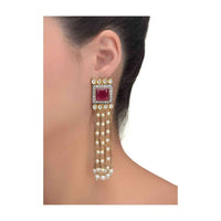 Magenta Stone Studded Square Earrings With Pearl And Chain Tassels Online - Kalki Fashion