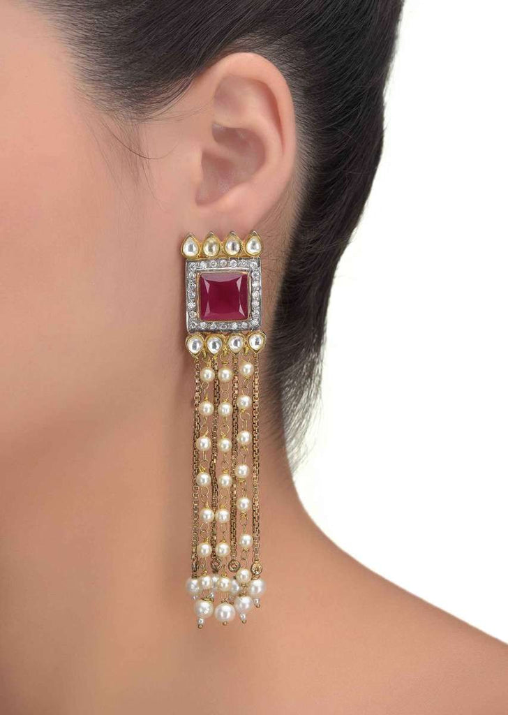 Magenta Stone Studded Square Earrings With Pearl And Chain Tassels Online - Kalki Fashion