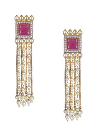 Magenta Stone Studded Square Earrings With Pearl And Chain Tassels Online - Kalki Fashion