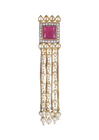 Magenta Stone Studded Square Earrings With Pearl And Chain Tassels Online - Kalki Fashion