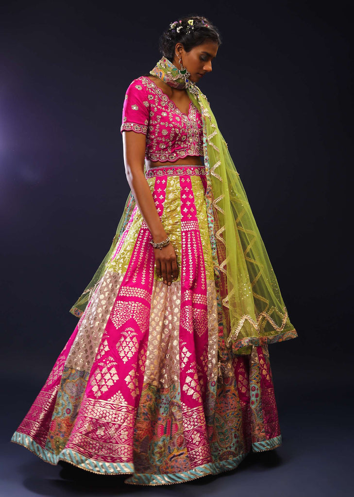 Magenta And Lime Green Brocade Lehenga Choli With Painted Floral Patchwork