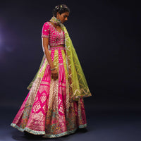 Magenta And Lime Green Brocade Lehenga Choli With Painted Floral Patchwork