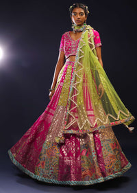 Magenta And Lime Green Brocade Lehenga Choli With Painted Floral Patchwork