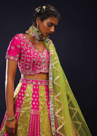 Magenta And Lime Green Brocade Lehenga Choli With Painted Floral Patchwork