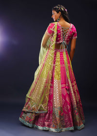 Magenta And Lime Green Brocade Lehenga Choli With Painted Floral Patchwork