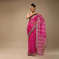 Magenta Dual Toned Saree In Organza With Lehariya Print And Gotta Patti Embroidered Geometric Floral Border
