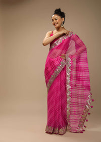 Magenta Dual Toned Saree In Organza With Lehariya Print And Gotta Patti Embroidered Geometric Floral Border