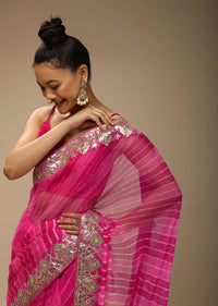 Magenta Dual Toned Saree In Organza With Lehariya Print And Gotta Patti Embroidered Geometric Floral Border