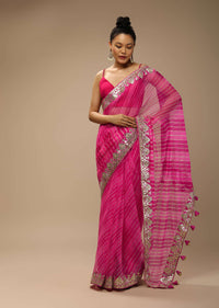 Magenta Dual Toned Saree In Organza With Lehariya Print And Gotta Patti Embroidered Geometric Floral Border