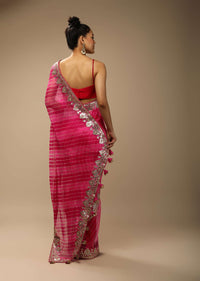 Magenta Dual Toned Saree In Organza With Lehariya Print And Gotta Patti Embroidered Geometric Floral Border
