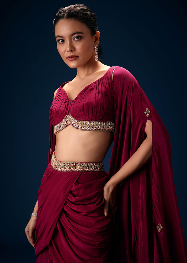 Magenta Fish Cut Draped Skirt With Hand Embroidered Blouse And Choker Dupatta