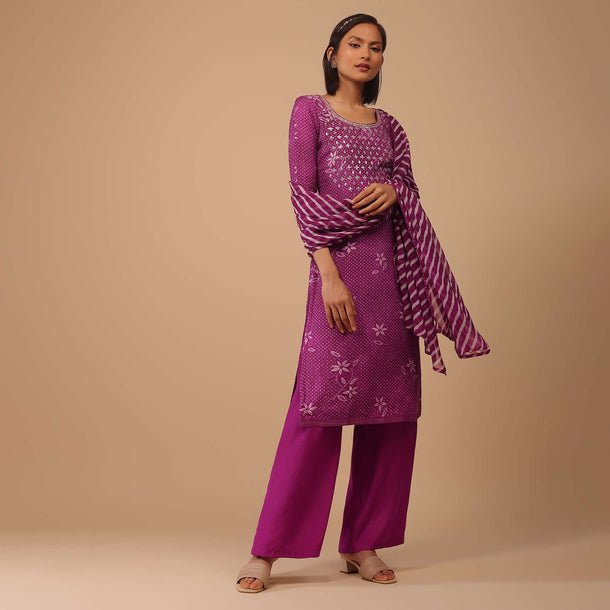 Grape Purple Embroidered Bandhani Printed Cotton Palazzo Suit With Leheriya Dupatta