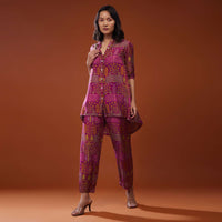 Magenta Pink Printed Silk Co-ord Set