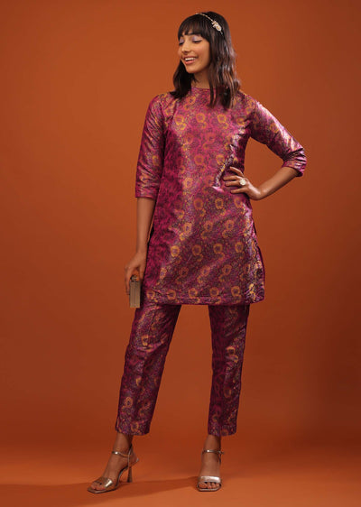 Burgundy Purple Banarasi Brocade Short Kurta And Cigarette Pants Set With Woven Floral Design