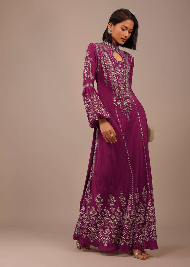 Plum Purple Printed Anarkali Kurti With Stone Work In Crepe