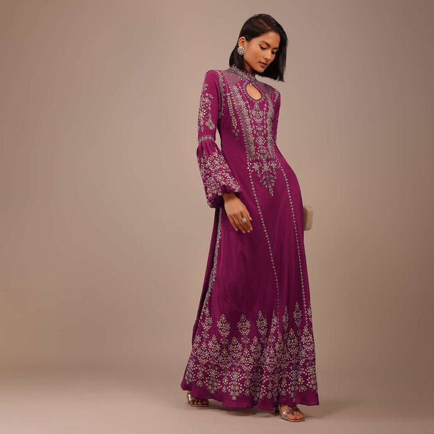 Plum Purple Printed Anarkali Kurti With Stone Work In Crepe