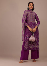 Burgundy Purple Printed Palazzo Suit With Stonework In Crepe