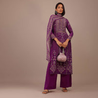 Burgundy Purple Printed Palazzo Suit With Stonework In Crepe