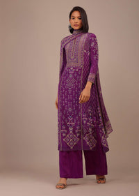 Burgundy Purple Printed Palazzo Suit With Stonework In Crepe