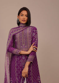 Burgundy Purple Printed Palazzo Suit With Stonework In Crepe
