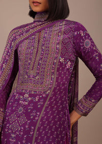 Burgundy Purple Printed Palazzo Suit With Stonework In Crepe