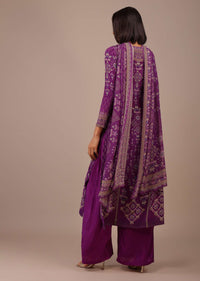 Burgundy Purple Printed Palazzo Suit With Stonework In Crepe
