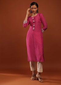 Magenta Pink Kurta In Cotton With Bandhani Buttis And Moti Tassels