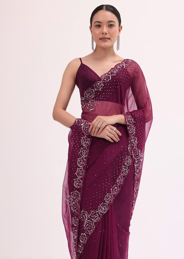 Magenta Organza Saree In Sequins With Unstitched Blouse