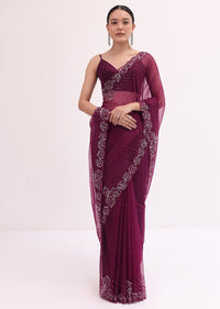 Magenta Organza Saree In Sequins With Unstitched Blouse