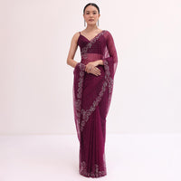 Magenta Organza Saree In Sequins With Unstitched Blouse