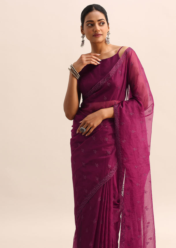 Magenta Organza Saree With Floral Resham Work And Unstitched Blouse