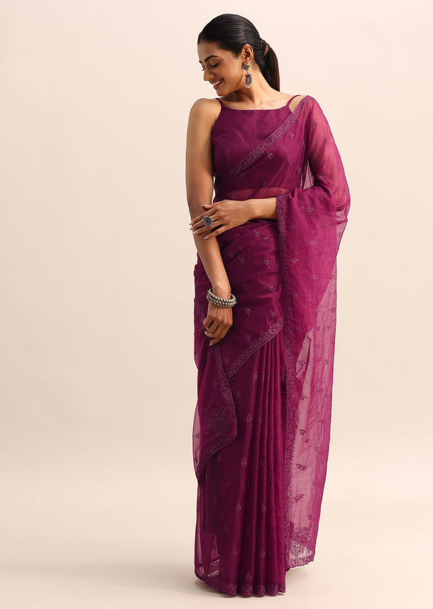 Magenta Organza Saree With Floral Resham Work And Unstitched Blouse