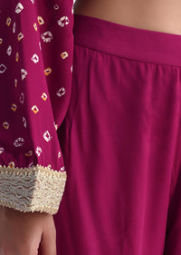 Magenta Pink Bandhani Print Kurti Pant Set With Dupatta