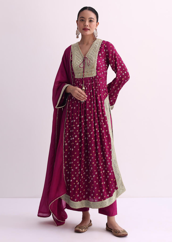 Magenta Pink Bandhani Print Kurti Pant Set With Dupatta