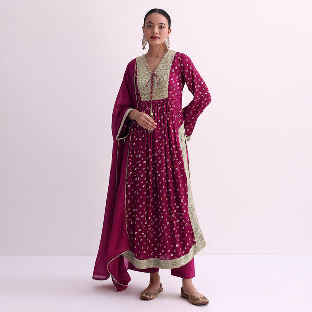 Magenta Pink Bandhani Print Kurti Pant Set With Dupatta