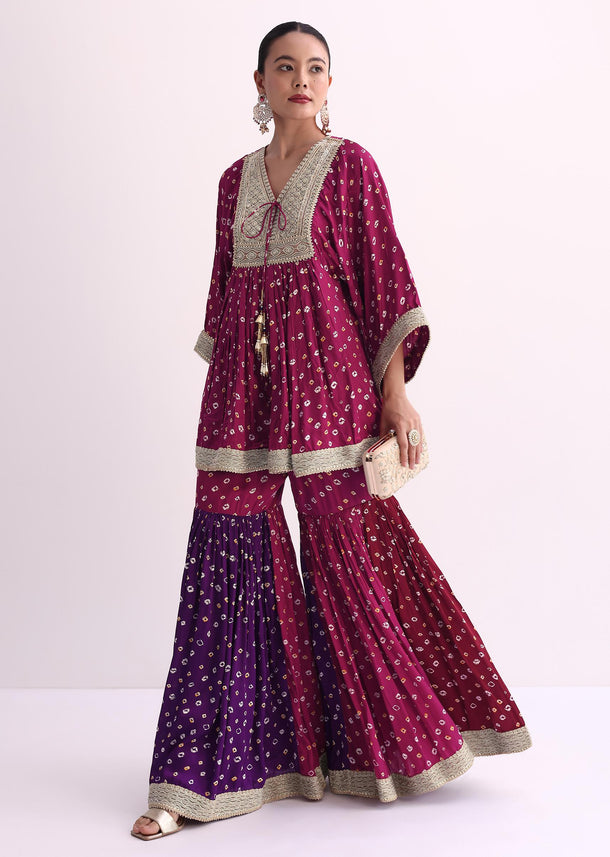 Magenta Pink Crepe Bandhani Print Sharara Set