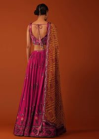 Magenta Pink Embroidered Lehenga And Blouse Set In Satin