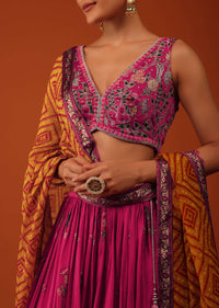 Magenta Pink Embroidered Lehenga And Blouse Set In Satin