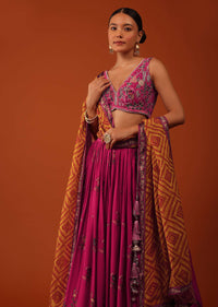 Magenta Pink Embroidered Lehenga And Blouse Set In Satin