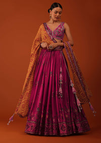 Magenta Pink Embroidered Lehenga And Blouse Set In Satin