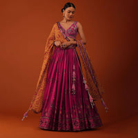 Magenta Pink Embroidered Lehenga And Blouse Set In Satin