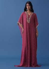 Magenta Pink Indowestern Floral Embroidered Kaftan In Georgette