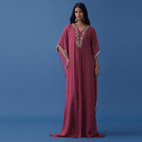 Magenta Pink Indowestern Floral Embroidered Kaftan In Georgette