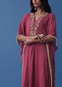 Magenta Pink Indowestern Floral Embroidered Kaftan In Georgette